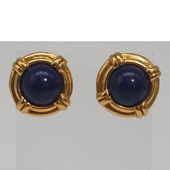 Vintage White Stag Blue Cabochon Nautical Pierced Earrings Gold Tone Studs A8 - Picture 3 of 8